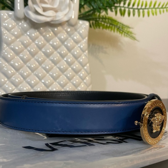 NWT Versace Cobalt Blue Leather Belt with Gold Medusa - Picture 7 of 8